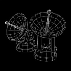 Radar. Directional radio antenna with satellite dish. Astronomy radio telescope . Wireframe low poly mesh vector illustration