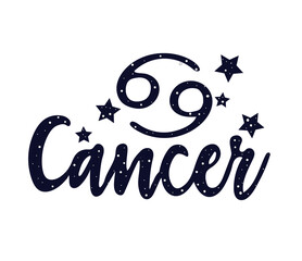 Cancer zodiac lettering sign. Handwritten astological card text. Typography font horoscope symbol icon. Astrology sticker. Astronomy badge. Stock illustration. Lettering text. Stars and patterns.