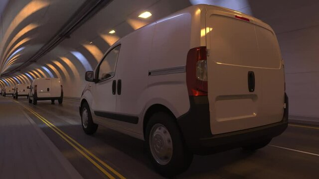 White Mini Vans Moving Inside a Tunnel 3D Rendering