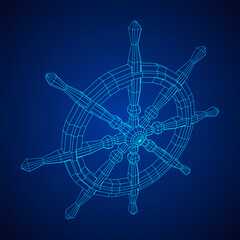 Ship steering wheel. Marine rudder. Wireframe low poly mesh vector illustration.