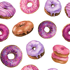 Watercolor donuts seamless pattern.Pink and violet donuts background. Design for the birthday card, wrapping paper, textile, cafe menu, wallpaper.