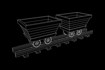 Trolley mine on rails. Wireframe low poly mesh vector illustration.