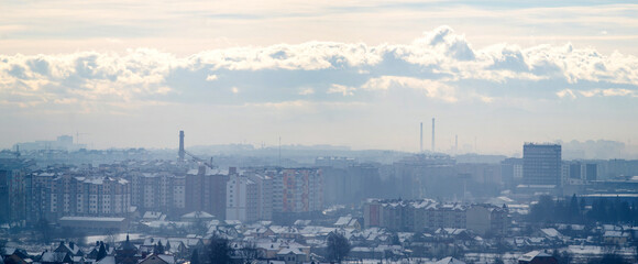 Fototapeta premium Ivano-Frankivsk city in haze on a winter day
