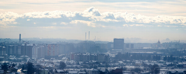 Ivano-Frankivsk city in haze on a winter day