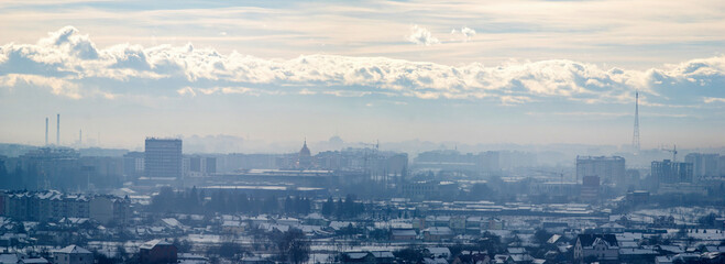 Ivano-Frankivsk city in haze on a winter day