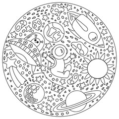 Space doodle. Coloring book. Cosmonautics Day. Hand drawn space elements. Space, astronaut, rocket, planets, sun, stars flying saucer Illustration for children Vector