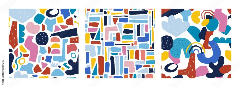 Aufkleber Contemporary doodle pattern. Seamless background with abstract scribble shapes, drops and natural forms. Modern hand drawn geometric graphic elements. Vector trendy endless print isolated on white set