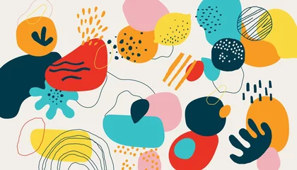 Keuken spatwand met foto Modern scribble background. Trendy geometric doodle shapes, drops and natural forms. Modern bright creative colorful pattern with stripes and circles. Vector horizontal texture for fabric and print © SpicyTruffel