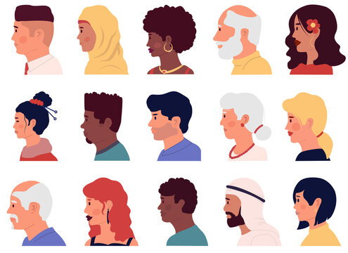Character profiles. Cartoon people face side portraits. Different nationalities Arabian, Asian and Muslim men and women. Young and old male and female humans. Vector isolated on white avatars set