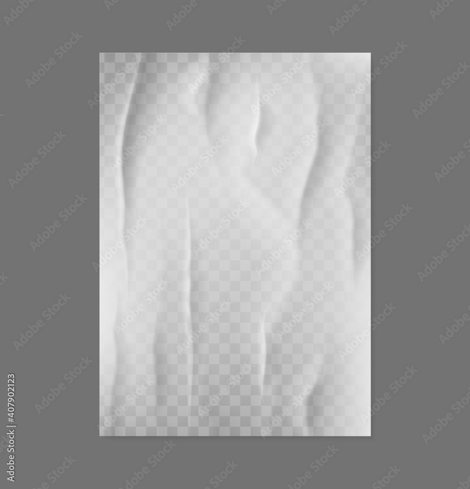 Poster Glued paper. Realistic blank creased poster. 3D white crumpled page with folds. Empty wrinkled document, isolated rough note sheet. Transparent textured template for text and drawing. Vector mockup