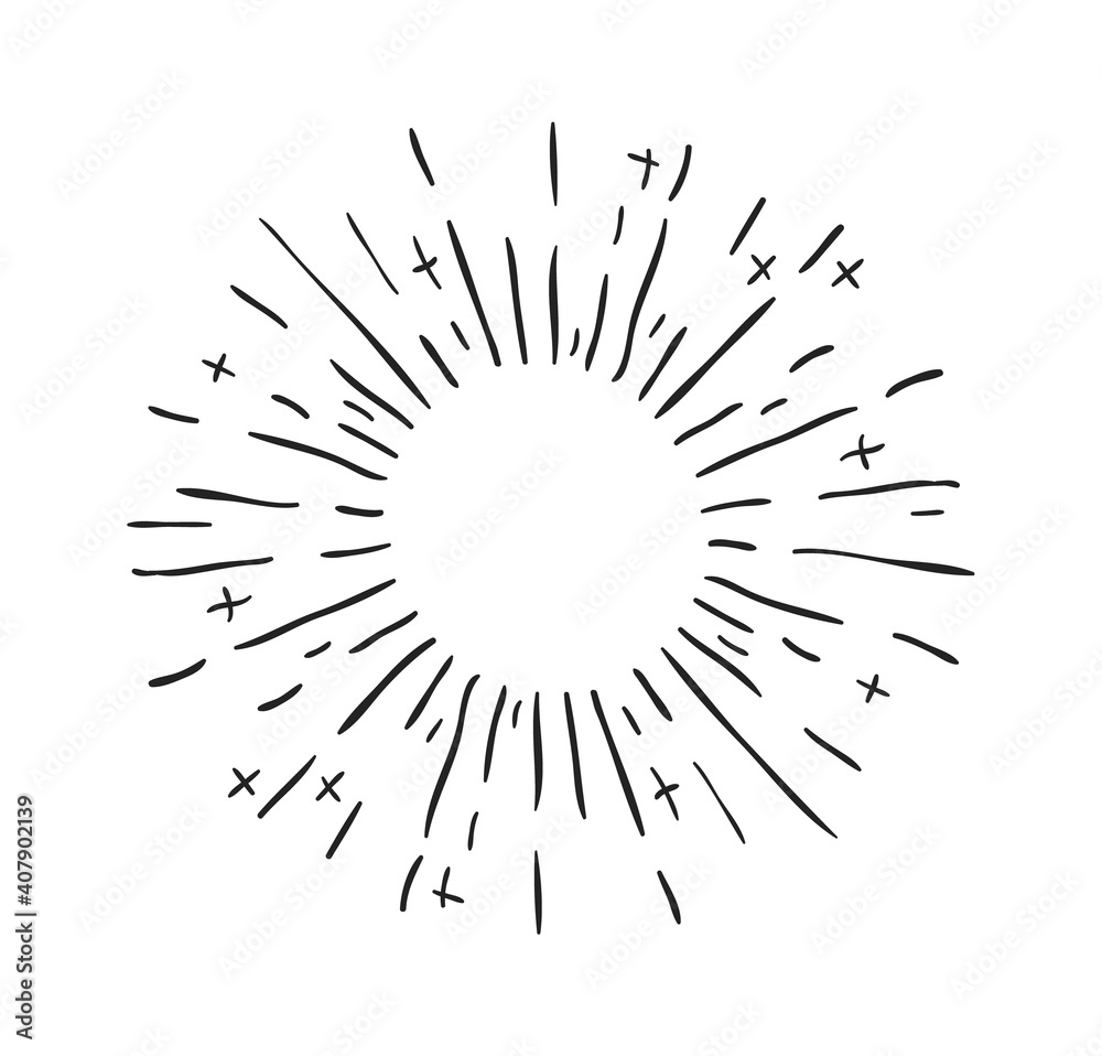 Aufkleber Hand drawn decorative starburst. Outline shining star with round frame and copy space. Isolated minimal explosion or firework. Contour line sketch of radial sunbeams. Flat style vector template