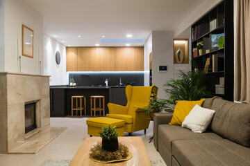 Interior of living-room connected with kitchen in a modern house