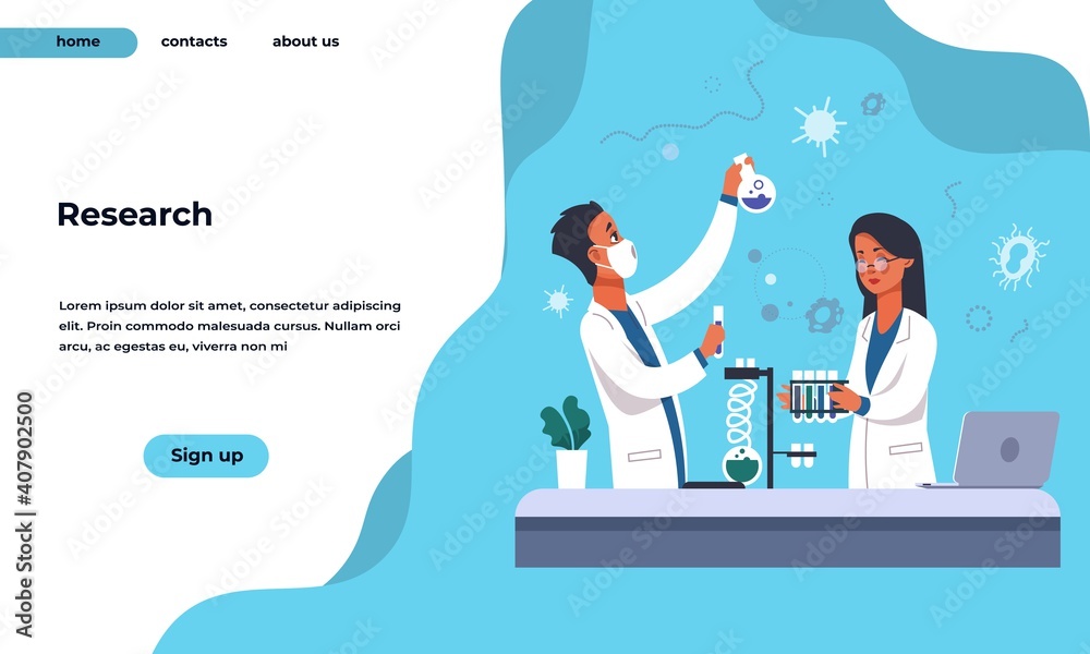 Aufkleber Lab research landing page. Pharmaceutical and chemistry laboratory analysis. Website interface flat design with buttons. Web service for medical tests and experiments. Vector modern UI template