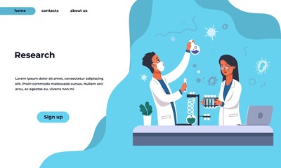 Lab research landing page. Pharmaceutical and chemistry laboratory analysis. Website interface flat design with buttons. Web service for medical tests and experiments. Vector modern UI template