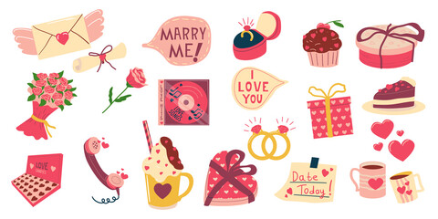Valentines elements. Cartoon objects for celebrating February holiday. Greeting cards and presents for lovers. Decorative bouquet of blooming roses or isolated gold wedding rings. Vector romantic set
