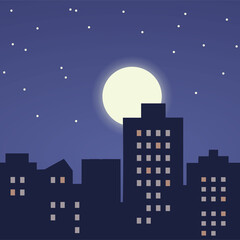 Silhouette city at night background with cityscape, bright moon and stars.Night city skyline background
