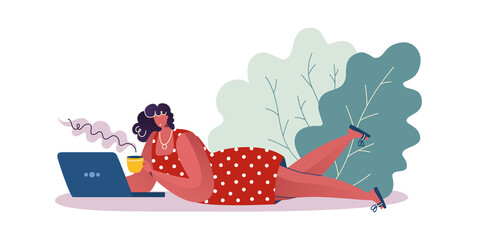 Woman drinking coffee. Cartoon female lying and working on laptop. Cute young character holding cup of tea. Hot beverage with steam. Outdoor leisure pastime. Freelance remote job, vector illustration