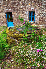 Fototapeta na wymiar france old rural brittany, flowers garden stone house