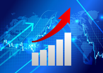 世界地図と上昇グラフと矢印