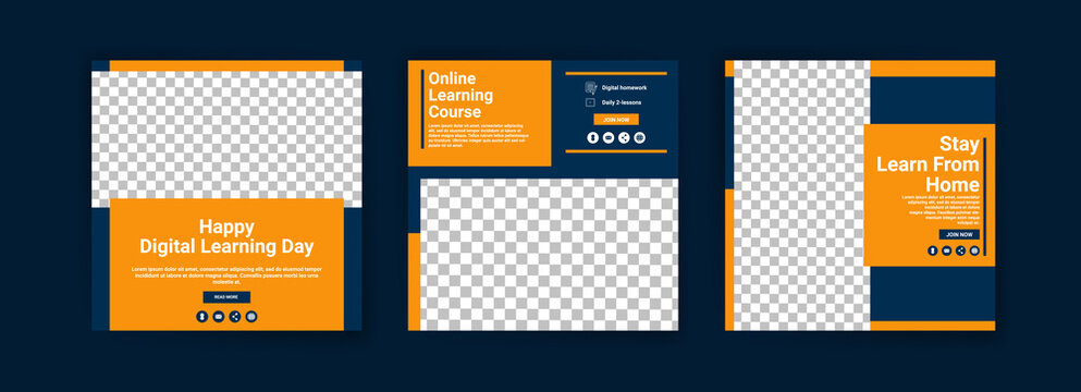 Happy digital learning day. Online courses and classes. Social media post templates for digital marketing and promotion. Advertisements for webinars. Keep studying even at home.