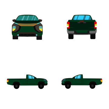 set of green single cab pick up truck on white background