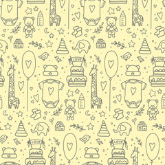 hand drawn baby seamless pattern. Vector illustration. doodle baby pattern isolated. Kid birthday pattern with balloons, flags, toys, bottle, cake, twigs, hearts, clothes,