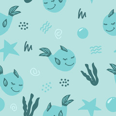 cute fish whale vector seamless pattern with seaweed, stars, doodles. hand drawn. illustration for childrens wallpaper, wrapping paper, textiles. blue, green. marine animal, sea.