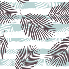 Tropical pattern, palm leaves seamless vector floral background. Leaves of palm tree on paint lines. Exotic plant on stripes. Summer nature jungle print. brush strokes print