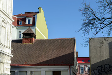 Upper parts and roofs of buildings in Teplice, Czech Republic.