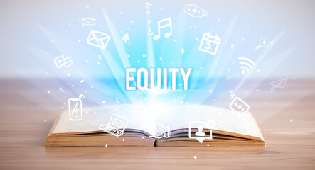 Opeen book with EQUITY inscription, business concept