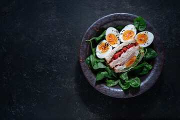 Delicious sandwich with boiled halved eggs on plate decorated with Watercress leaves. Healthy salad