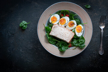 Delicious sandwich with boiled halved eggs on plate decorated with Watercress leaves. Healthy salad