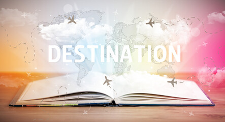 Open book with DESTINATION inscription, vacation concept