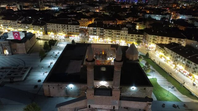 Aerial night view of Sifaiye Madrasah in Sivas. 4K Footage in Turkey