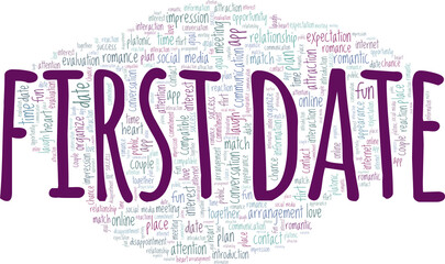 First date vector illustration word cloud isolated on a white background.