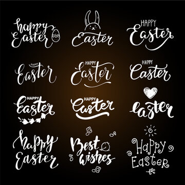 Happy Easter hand written lettering. Brush calligraphy text templates with Easter eggs and rabbit. Congratulation phrases for greeting card, invitation, banner, poster, flyer. Isolated vector set.
