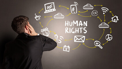 businessman drawing social media icons with HUMAN RIGHTS inscription, new media concept