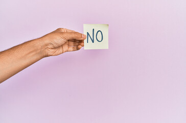 Hand of hispanic man holding no reminder paper over isolated pink background.