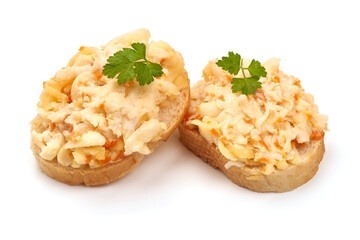 Snack with cheese, eggs and carrot filling, isolated on white background