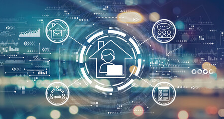 Obraz premium Remote Work theme with blurred city abstract lights background