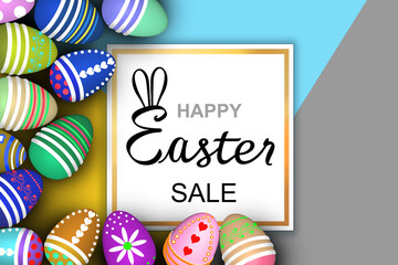 colored painted eggs 3d rendering model, geometric background for design, postcards, concept of Easter, Spring Festival, 3d illustration