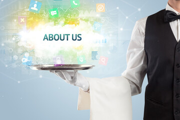 Waiter serving social networking concept with ABOUT US inscription