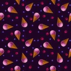 Сolored background with ice cream and berries on a dark background. Digital art