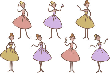 Vector set with lady cartoon character. Ladies in colorful dresses in different poses. Woman with powder box.