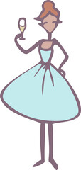 Vector illustration of a redhead lady in a blue dress with glass of champagne. Woman cartoon character.