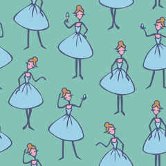 Vector seamless pattern with ladies cartoon characters. Lady in blue dress in different poses.