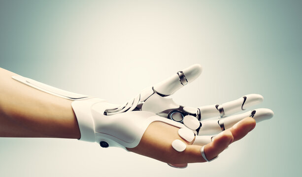 Robotic Bionic Hand Connected With Human Hand.