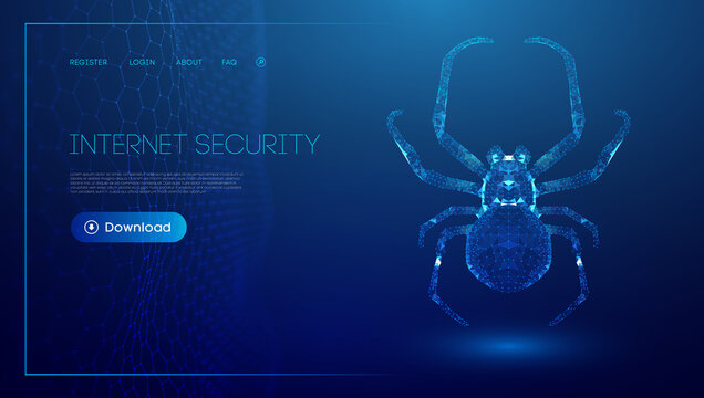 Virus spider in low poly style on blue background. Cybercryme technology network web vector illustration. Internet fraud abstract vector background. Cyber criminal hacker attack.