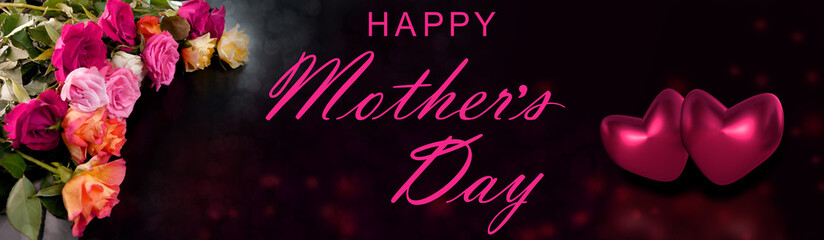 panorama of beautiful bouquet of roses, romantic background for designer, postcard, invitation, happy birthday, engagement, mother's day, valentine's greeting concept