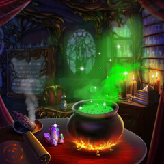 Illustration with magic ritual and magic pot. Digital art